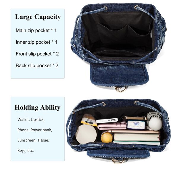 8097 Fashion Denim Backpack Purse Jean Bags With Rhinestones Decorations main image 6